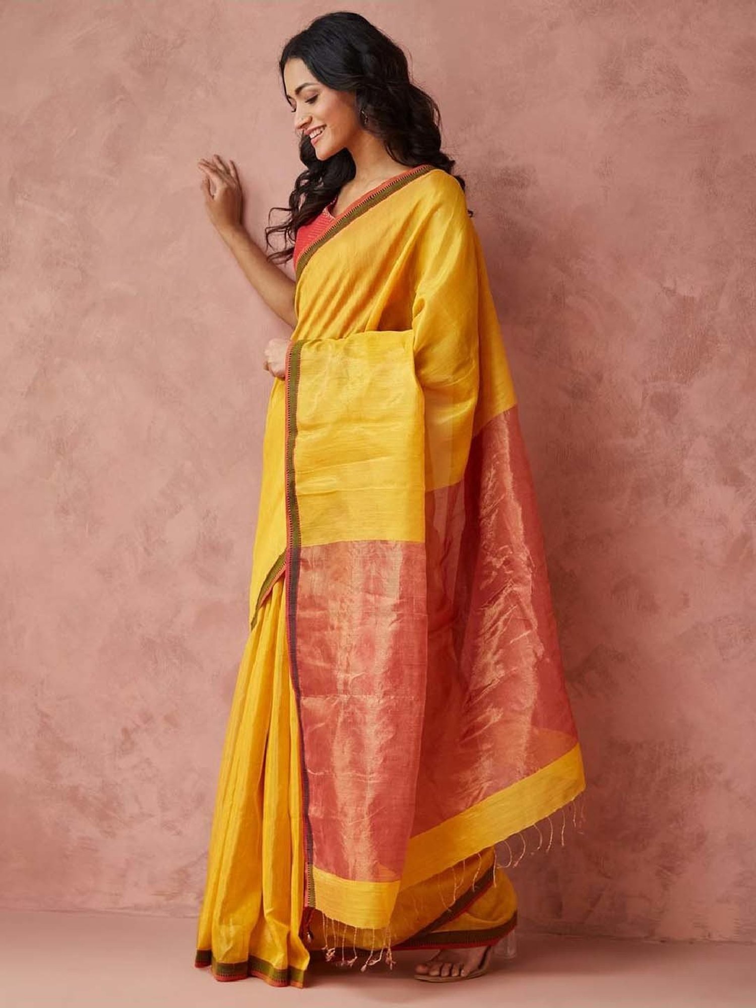 Unnati Silks Red Silk Printed Saree With Unstitched Blouse