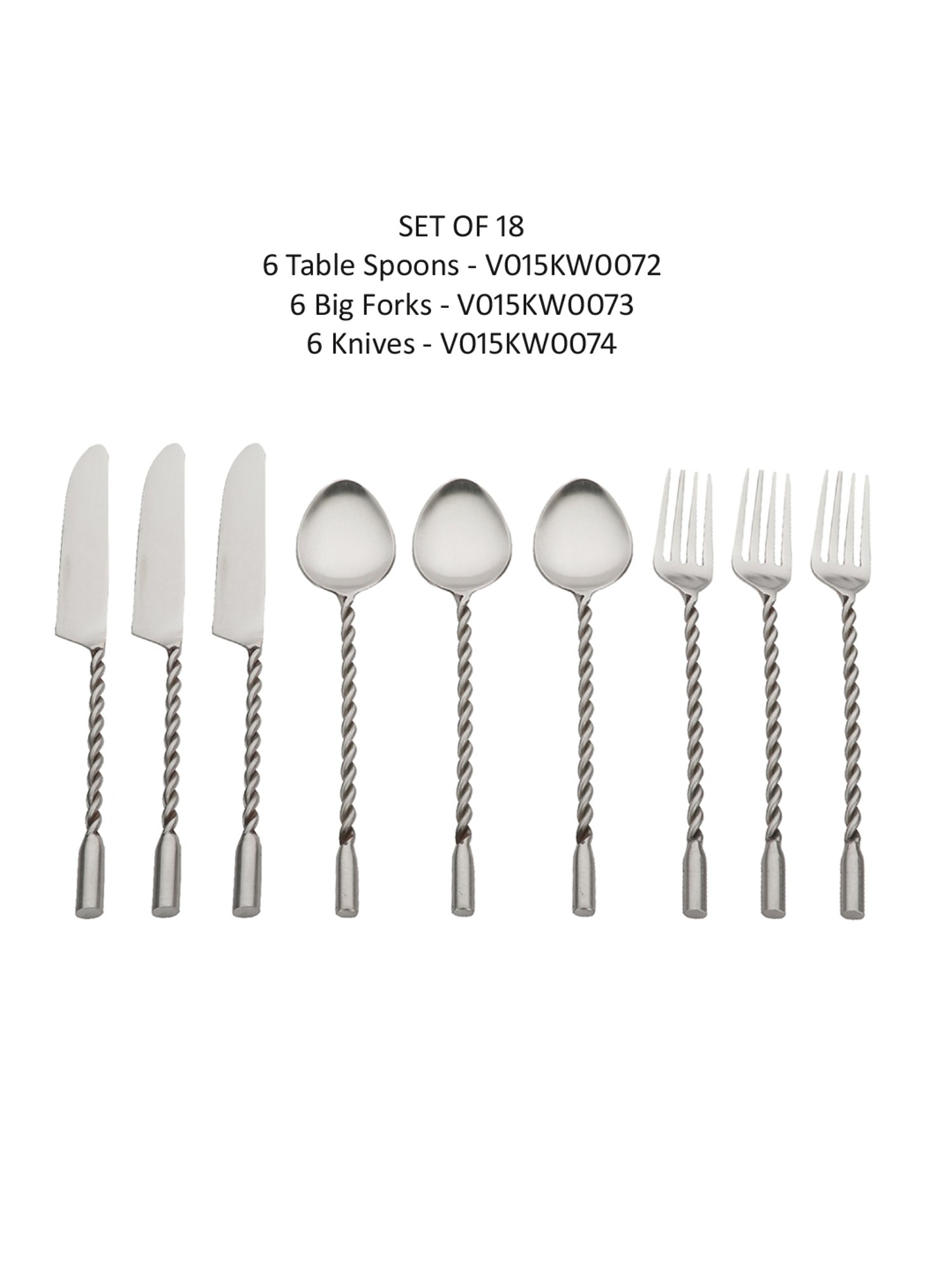 VarEesha Silver Steel Twisted Handle Cutlery Spoons Forks & Knives - Set of 18