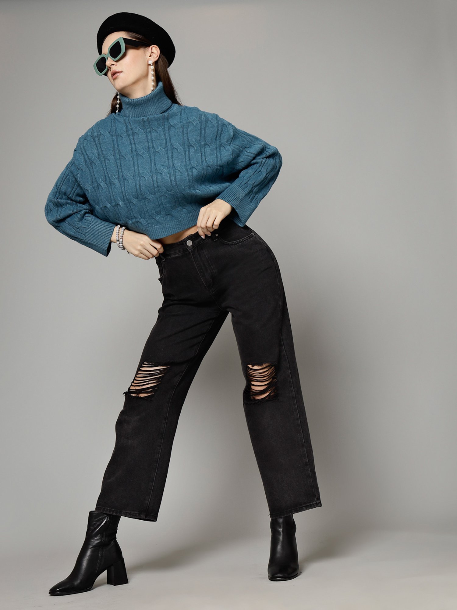 Mafadeny Teal Self Design Crop Sweater