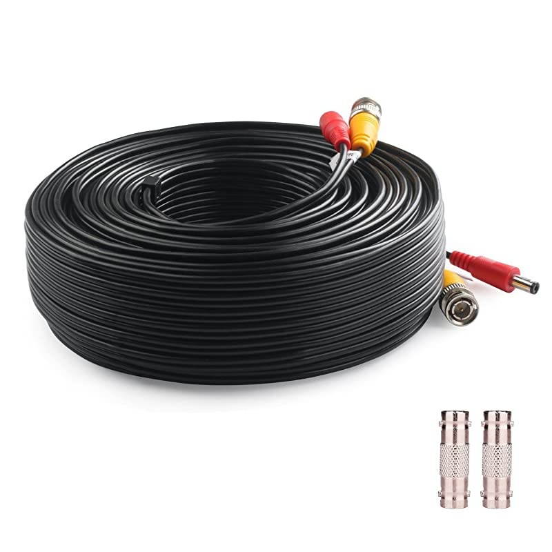 100 Feet PreMade AllinOne Siamese BNC Video and Power Cable Wire Cord with Two Female Extension Connectors for CCTV Security Camera DVR Black