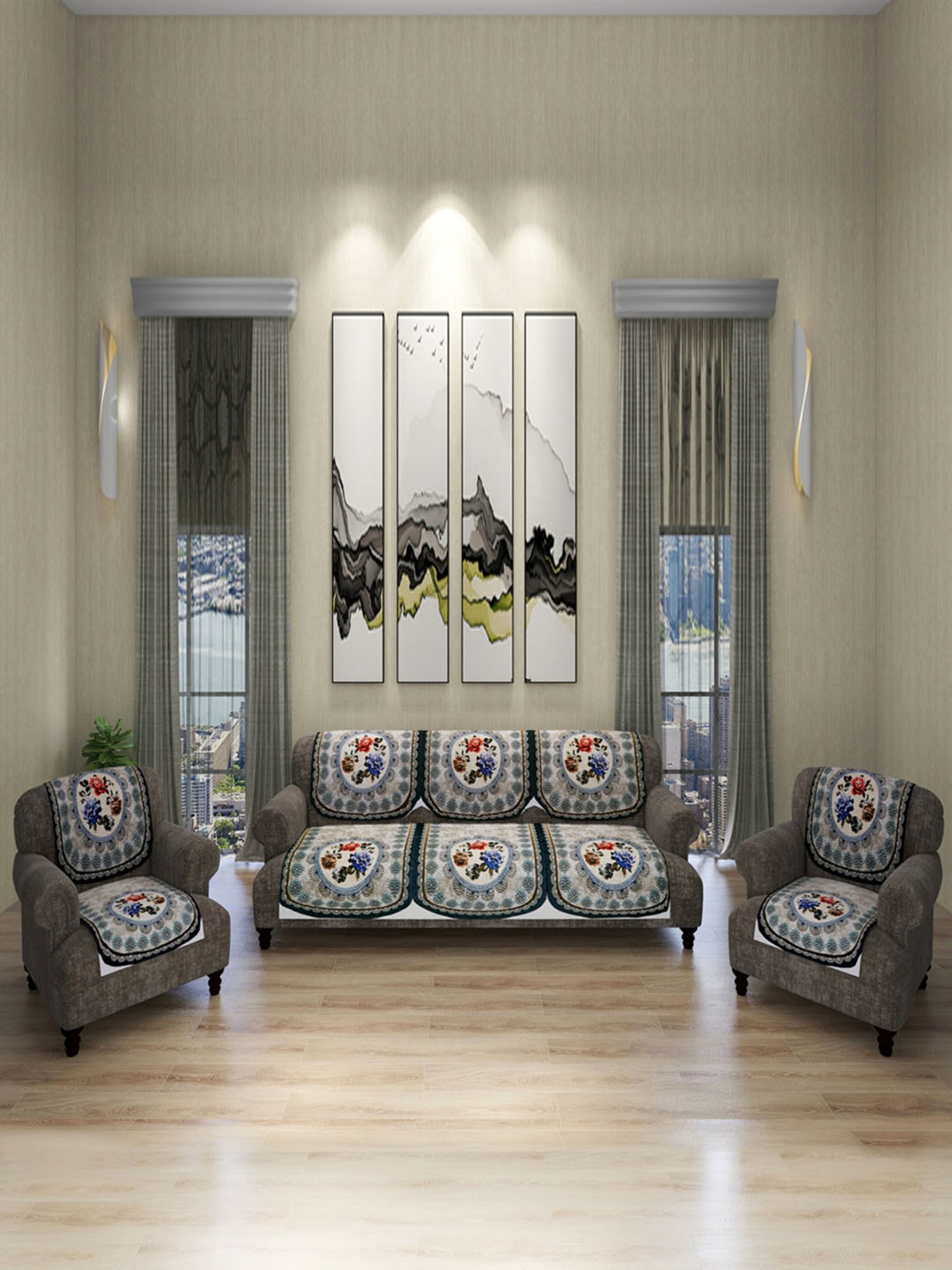 Romee Silver Polyester Floral Sofa Covers