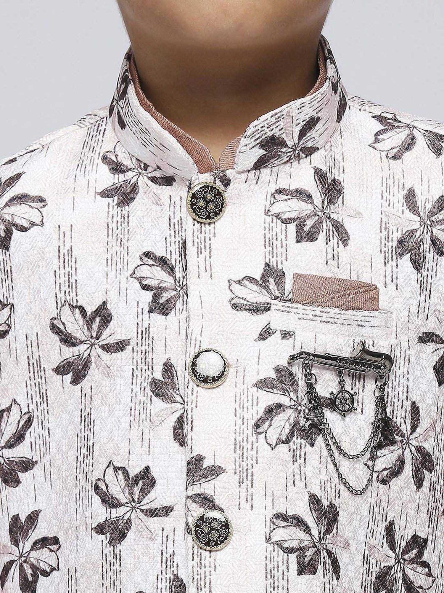 Kids Island Boys Brown Jacquard Full Sleeves Kurta Set