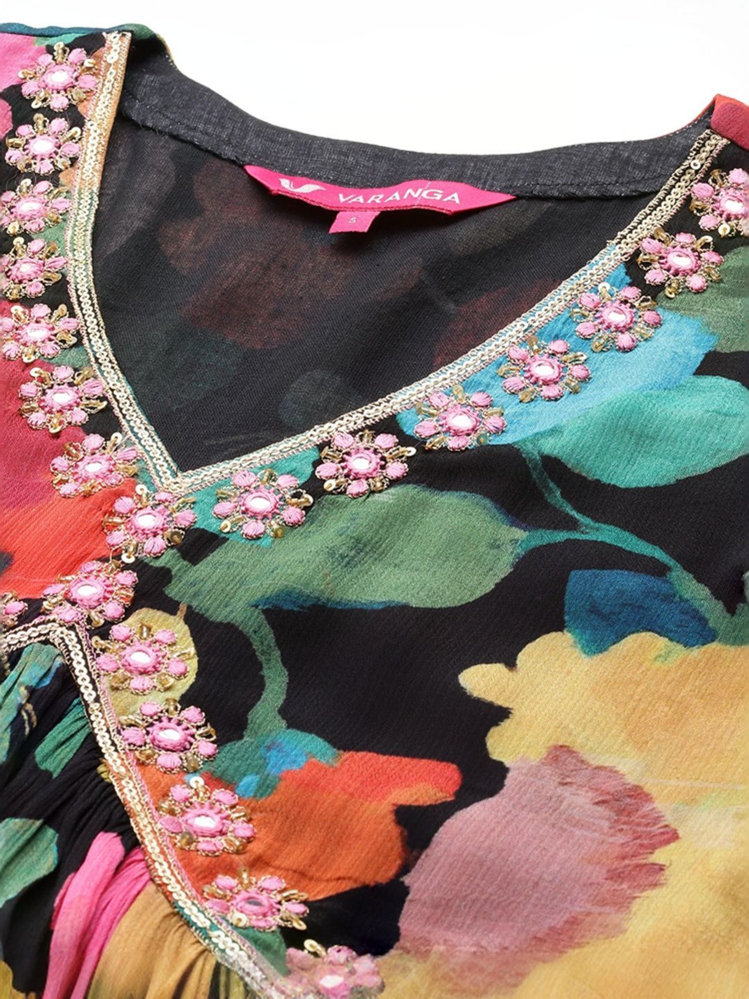 Varanga Black & Pink Floral Print Kurta Pant Set With Dupatta