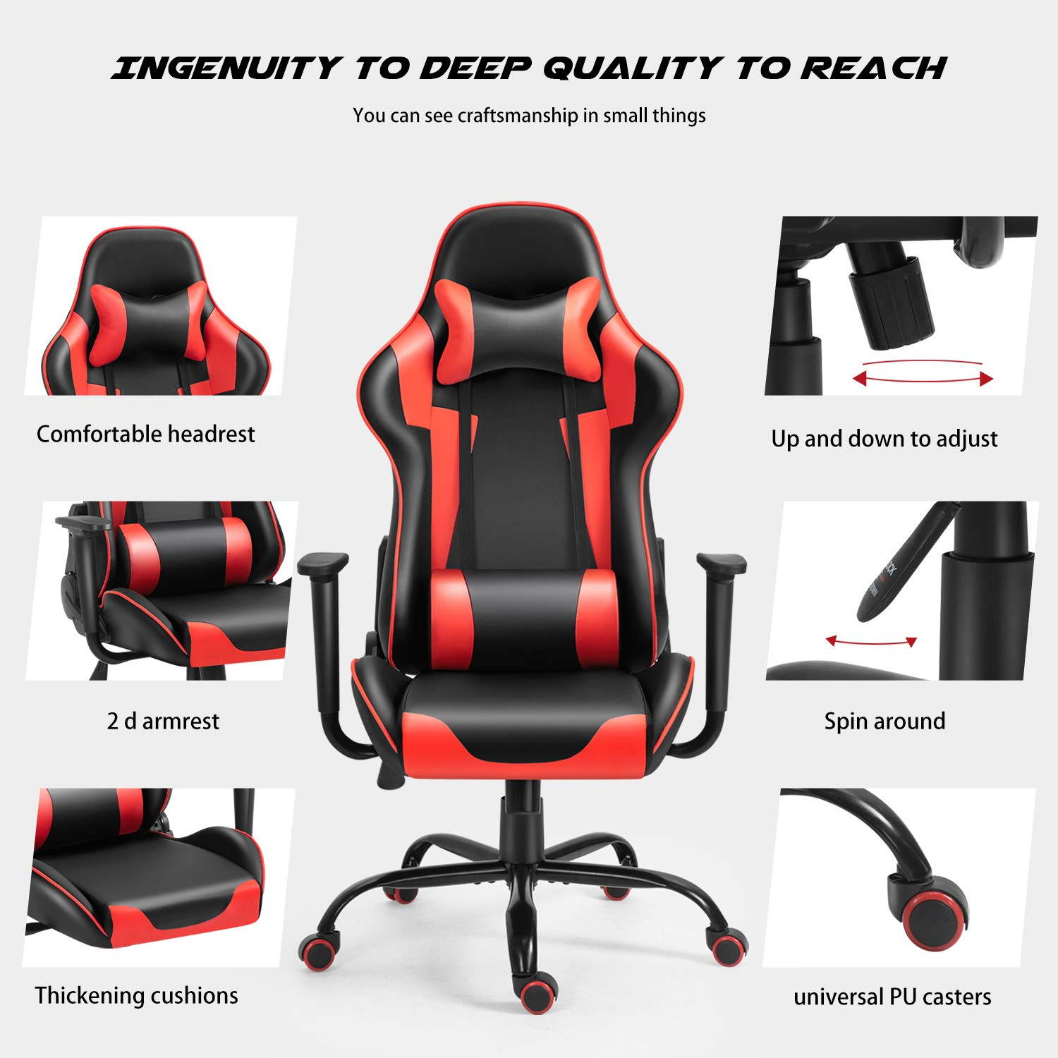 Gaming Chair Racing Gamer Chair Ergonomic Office Chair Home Office Computer Chair High Back PU Leather Chair with Lumbar Cushion and Headrest  Red