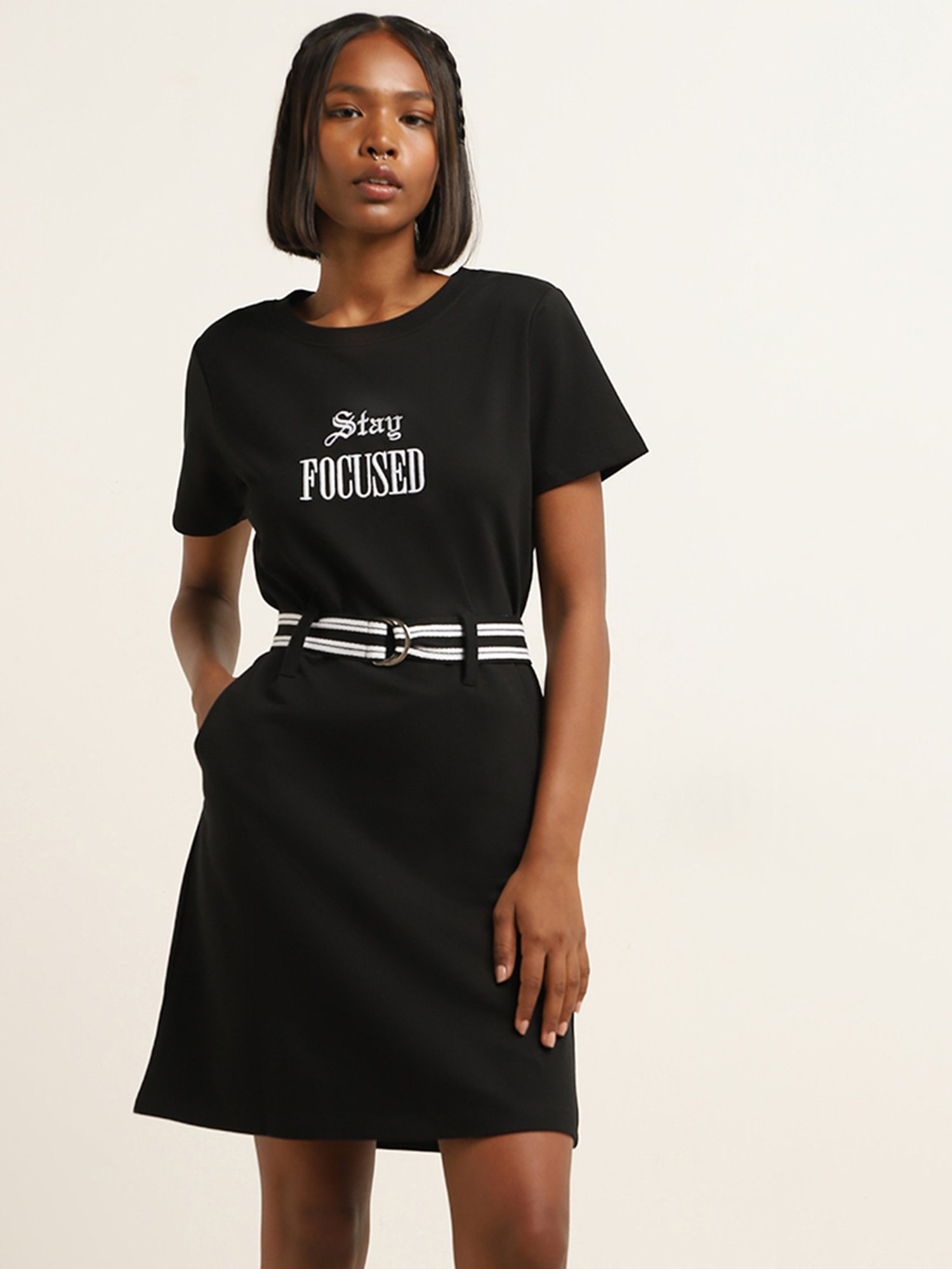 Studiofit by Westside Black Text Design Straight Cotton Dress with Belt