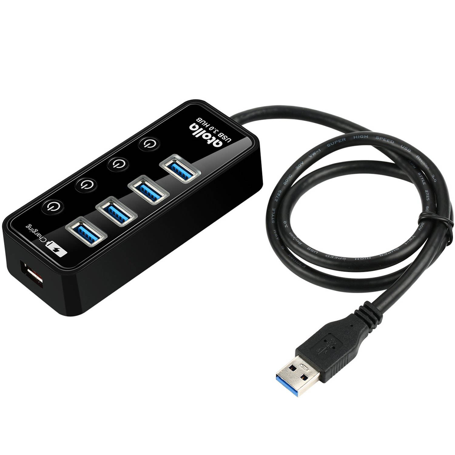 USB 3.0 Hub, atolla 4 Ports Super Speed USB 3 Hub Splitter with On Off Switch with 1 USB Charging Port (Cable Length 2 Feet, No AC Adapter) (4-Port hub)