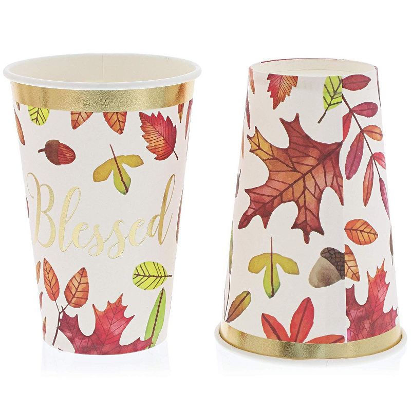 Sparkle and Bash 48 Pack Thanksgiving Disposable Party Paper Cups, Fall Leaf & Gold Foil Design