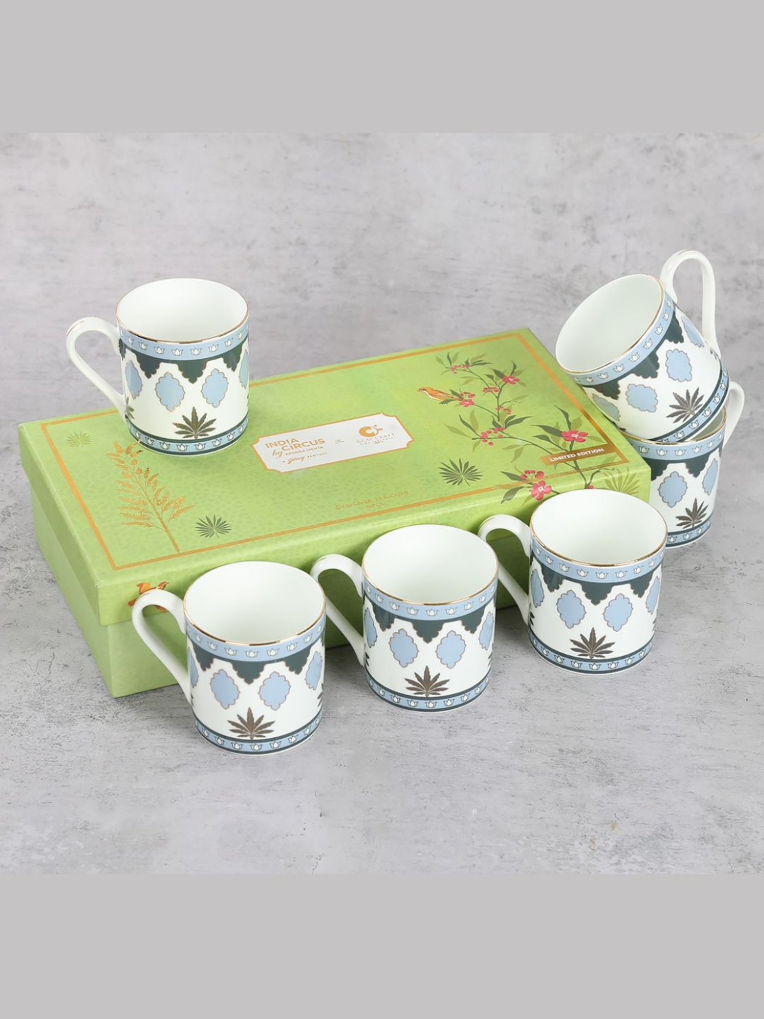 India CircusAbstract White Bone China Coffee Mug Set of 6, 220 ml With Accented and 22 Carat Gold