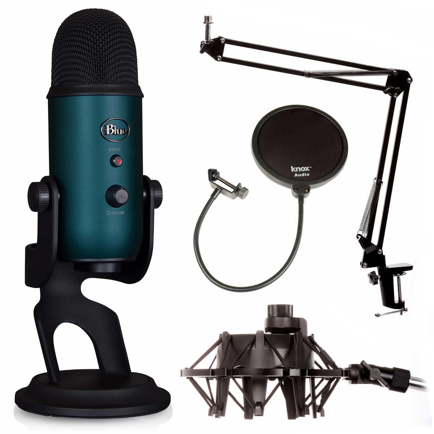 Blue Microphones Yeti Mic Teal with Knox Boom Arm, Shock Mount & Pop filter