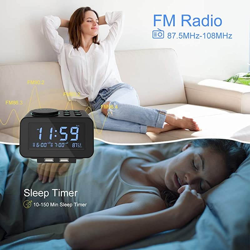 DigitalAlarm Clock Radio 0100 Dimmer Dual Alarm with WeekdayWeekend Mode 6 Sounds Adjustable Volume FM Radio wSleep Timer Snooze 2USB Charging PortsThermometer Battery Backup