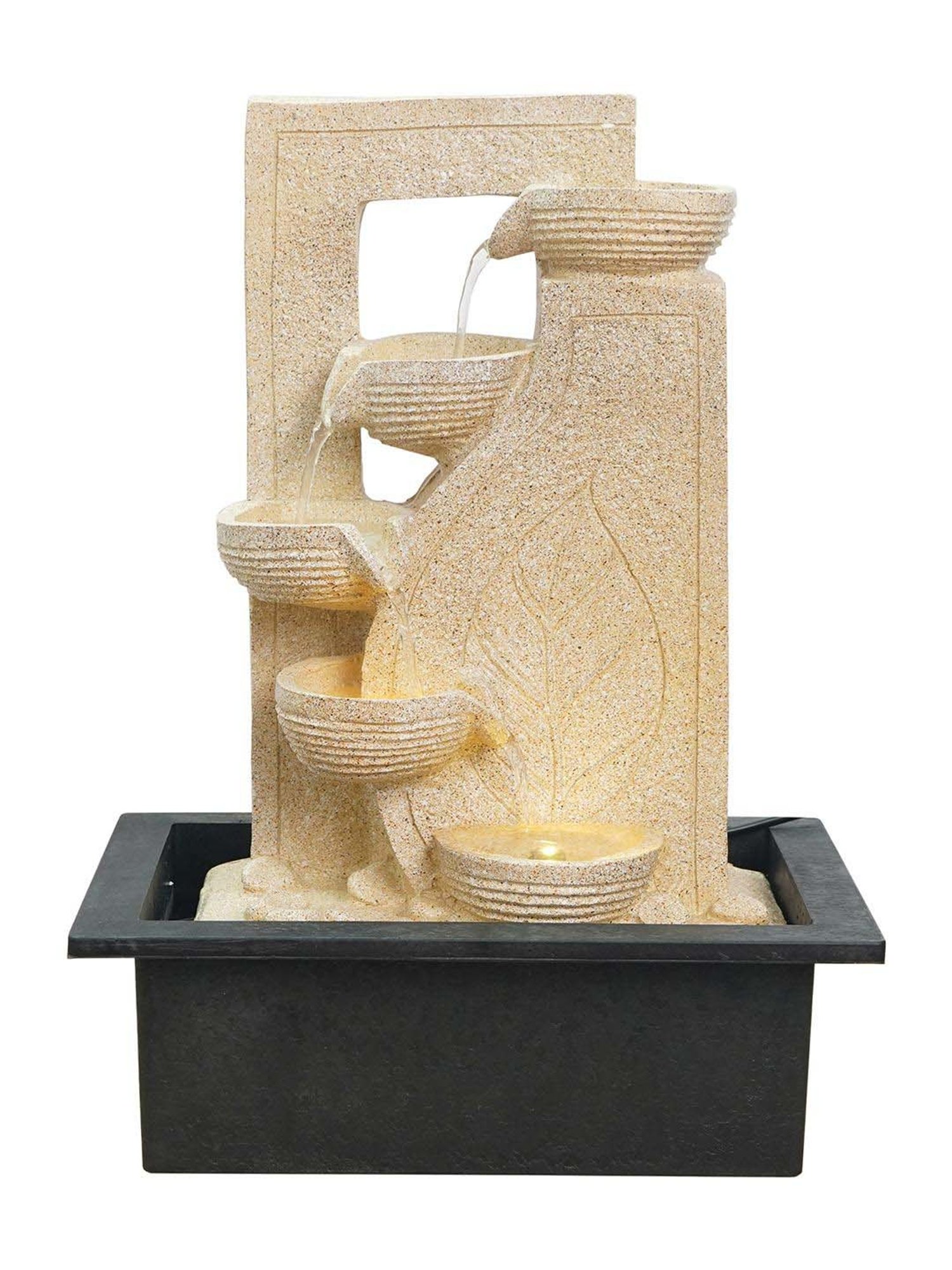 CHRONIKLE Cream Polyresin Leaf Print 4 Diya Steps Waterfall Fountain