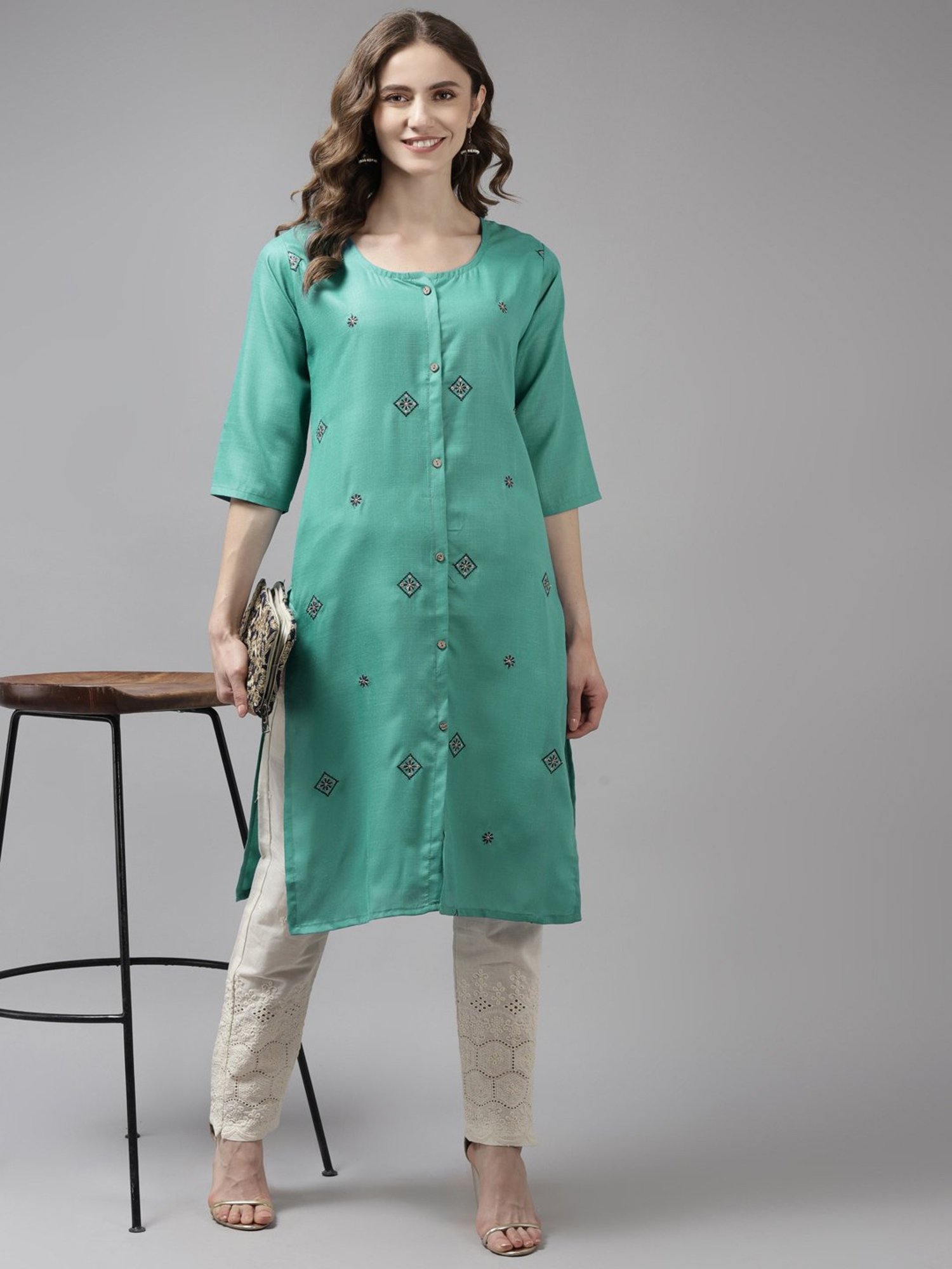 Aarika Blue Cotton Embroidered Straight Kurta