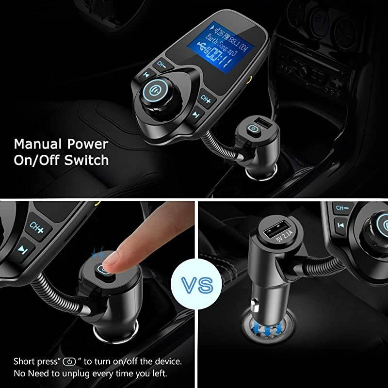 Bluetooth FM Transmitter for Car, Upgraded Manual Power On/Off Switch Wireless Car Radio Bluetooth Adapter Supports Hands free Calls, USB Fast Charging, microSD Card, Aux Play - KM18 Plus Black