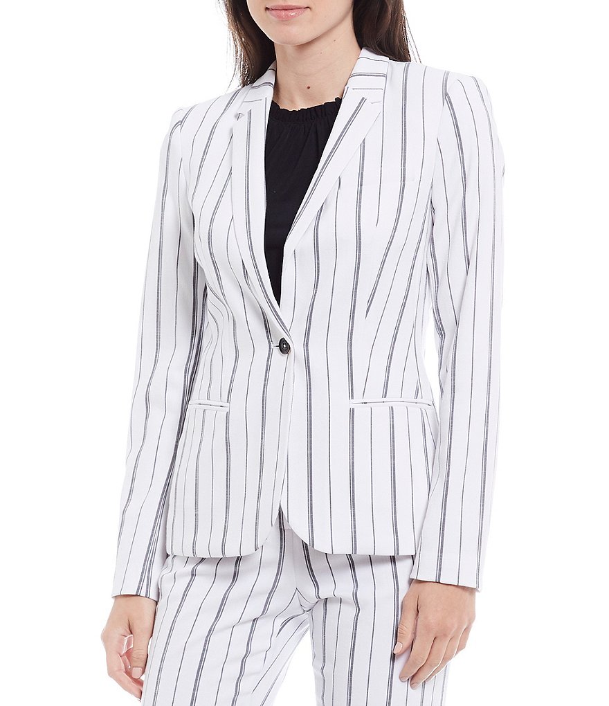 Calvin Klein Petite Size Textured Stripe Suiting Notch Lapel One-Button Jacket