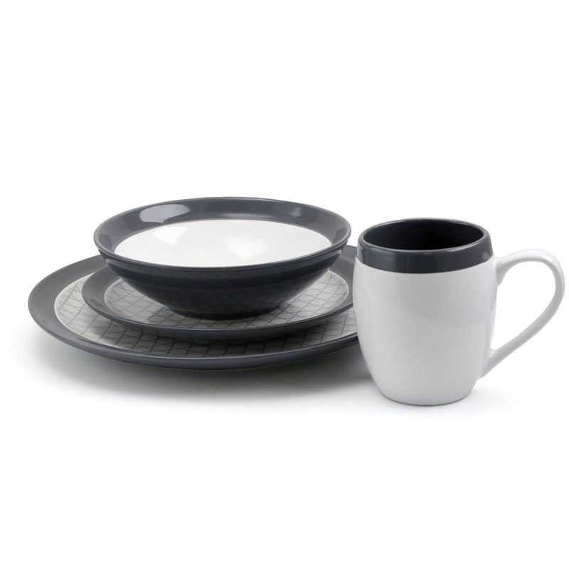 16pc Stoneware Pin Stripe Dinnerware Set Black/Gray - Elama