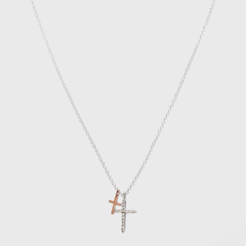 Silver Plated with Cubic Zirconia Double Cross Charm Necklace - Silver