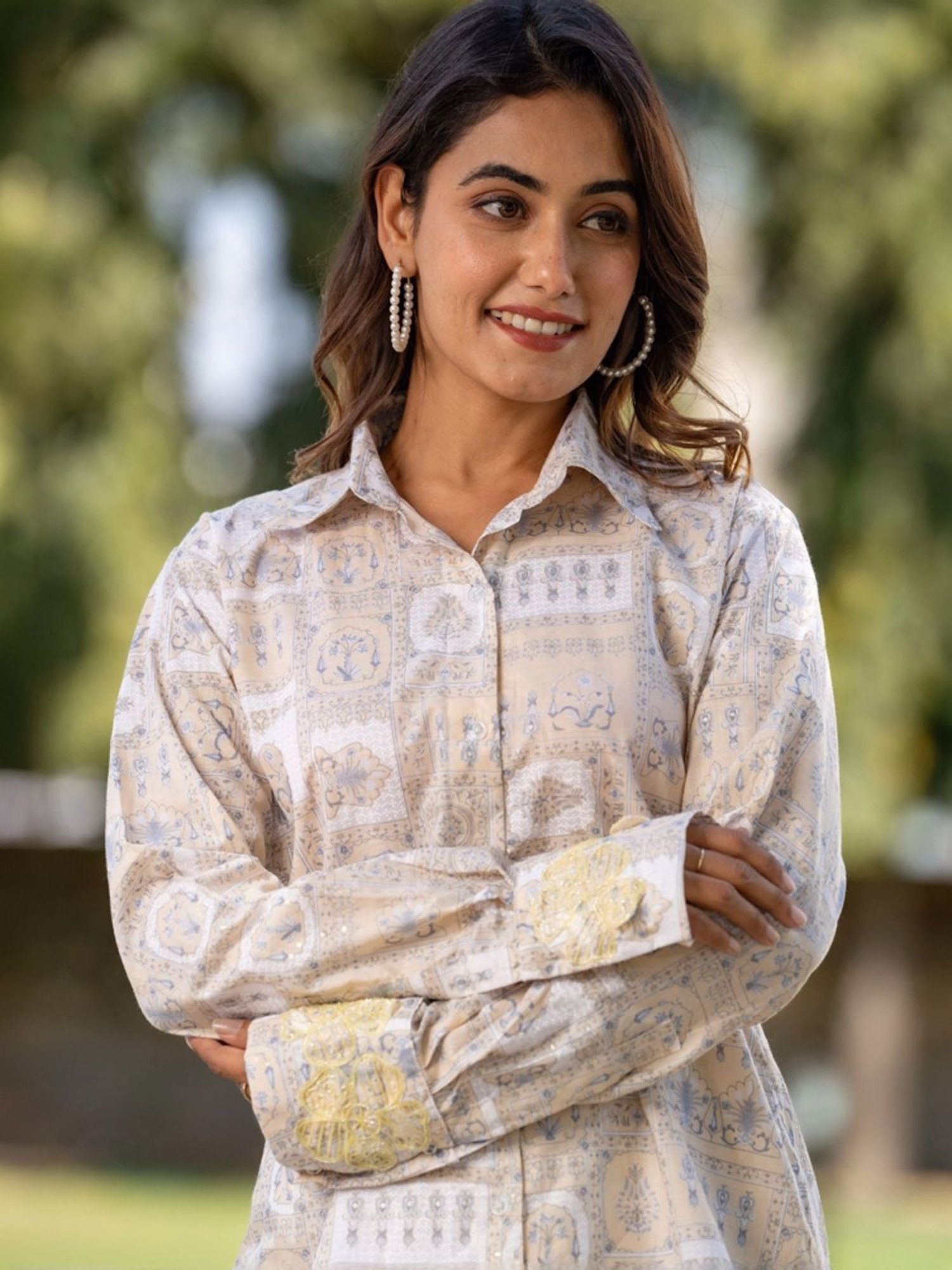 HOUSE OF JAMOTI Beige Cotton Printed Tunic Pant Set