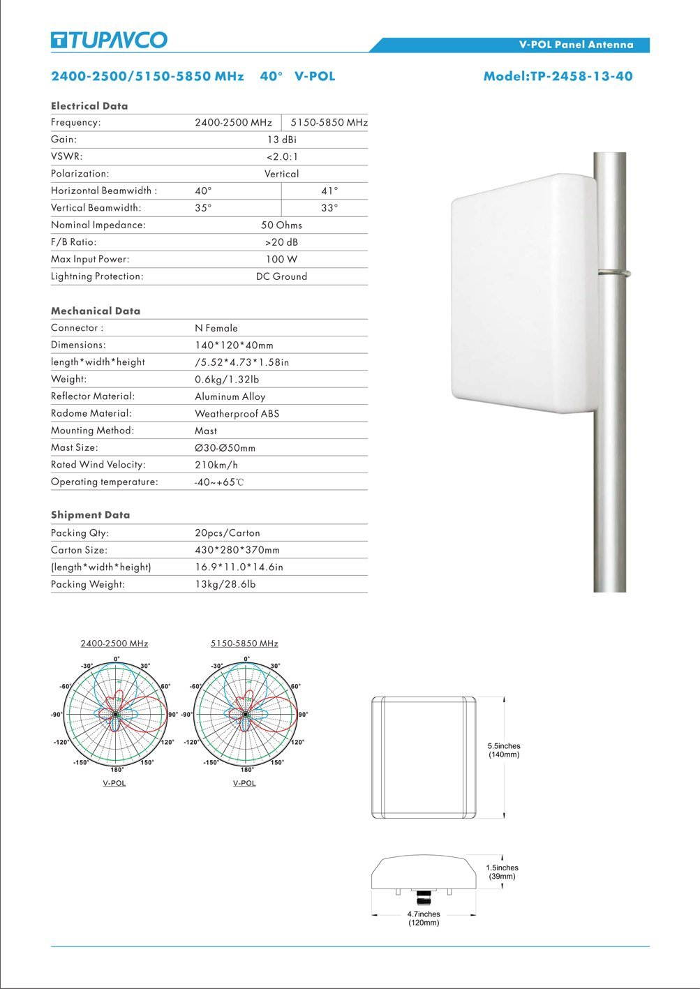 WiFi Panel Antenna - Tupavco TP542 - 2.4GHz/5GHz-5.8GHz Range - 13dBi - Dual Band/Multi Band - Outdoor - Directional - Wireless Antenna (2400-2500/5150-5850MHz)