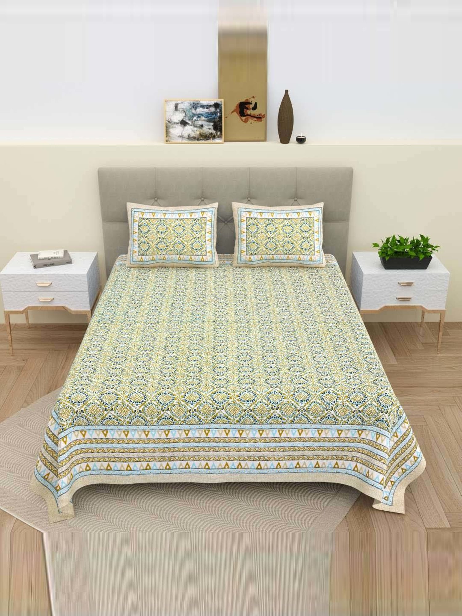 Bella Casa Ethnic Collection Green Cotton 180 TC Bedsheet with 2 Pillow Covers