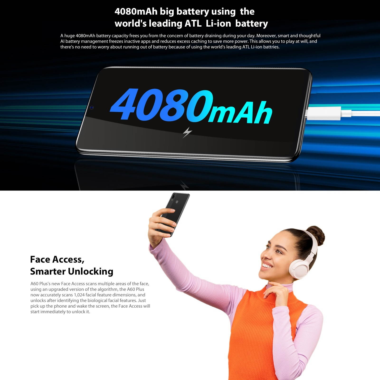 Unlocked Smartphone, Blackview A60 Plus, 4GB+64GB, Face ID & Fingerprint Identification, 4080mAh Battery, 6.088 inch Android 10.0 MTK6761V/WB Quad Core up to 2.0GHz, Network: 4G, Dual SIM