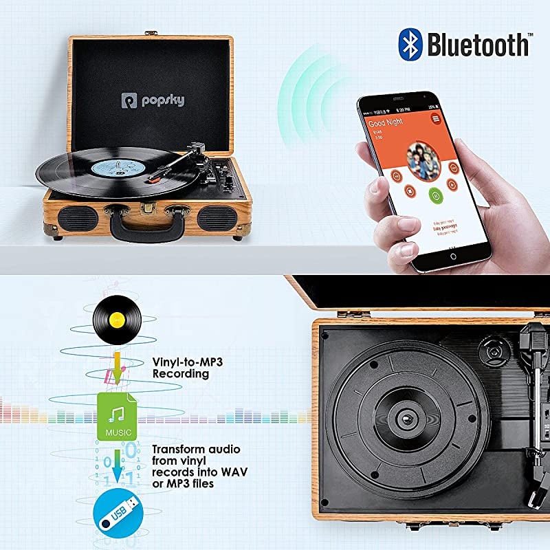 Record Player 3Speed Vintage Style Turntable Bluetooth Record Player with Builtin Stereo Speakers Portable Suitcase LP Vinyl Player Headphone USB RCA Jack
