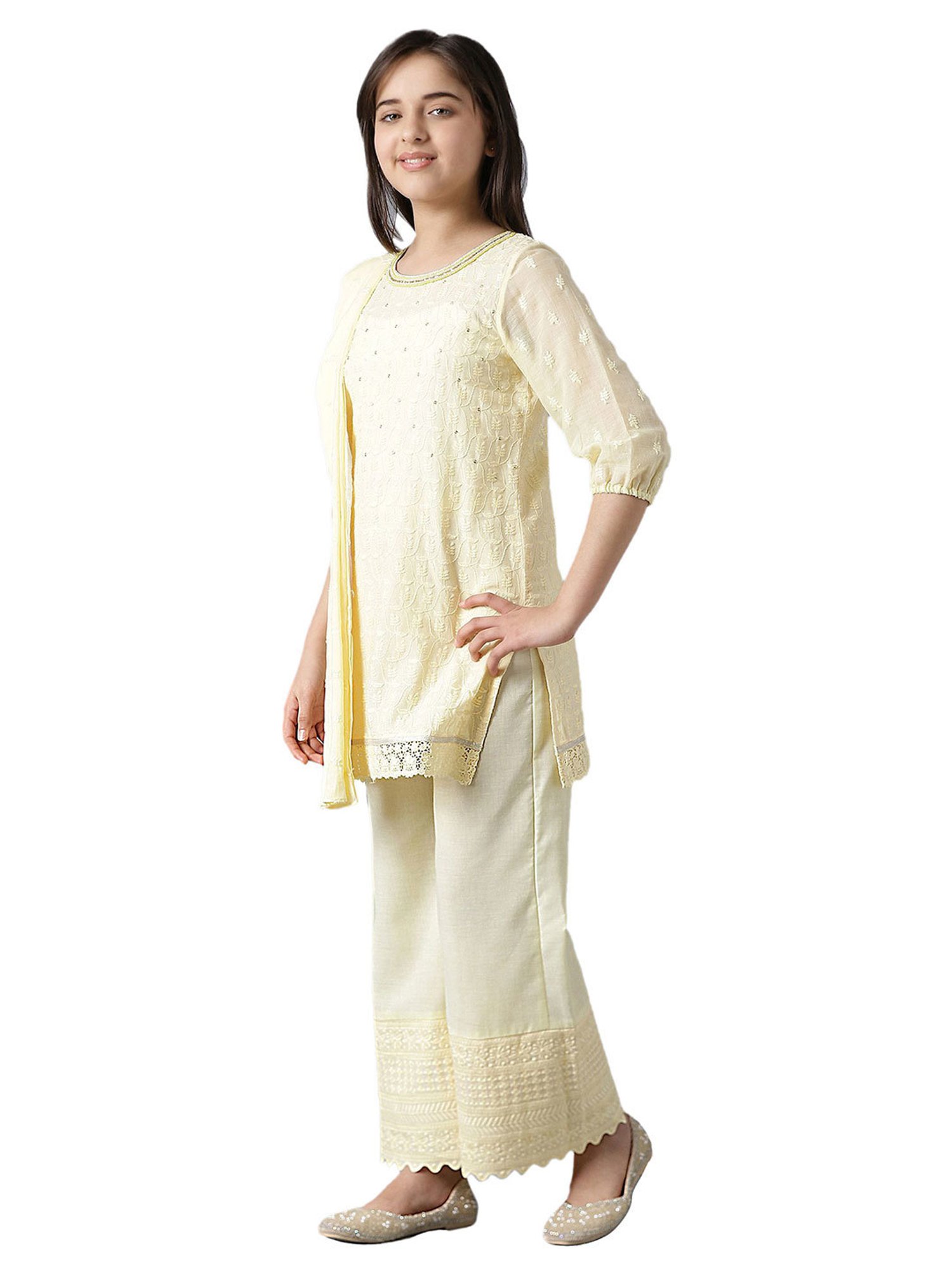 Aurelia Kids Light Yellow Embroidered Kurta with Palazzos & Dupatta