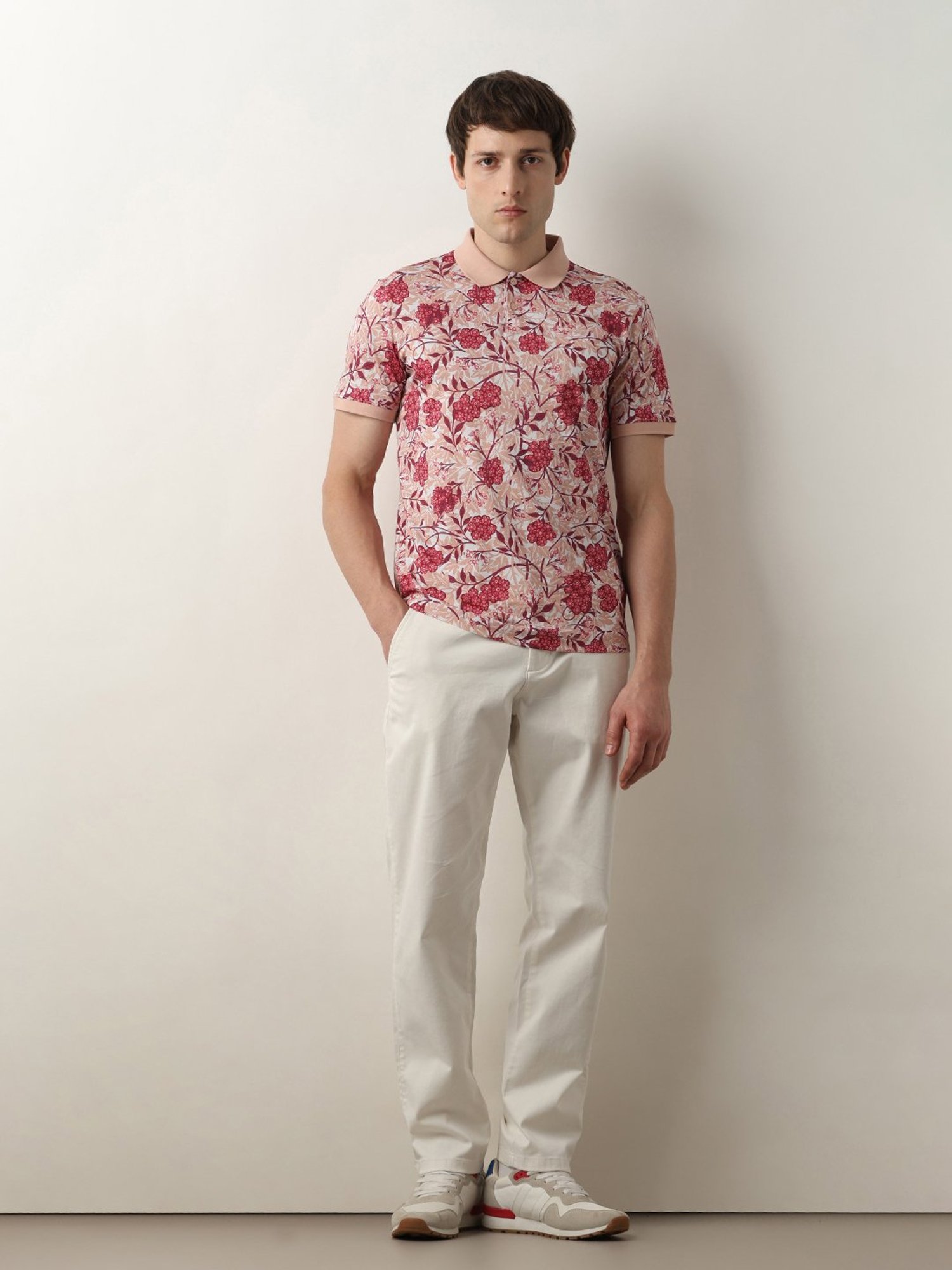SELECTED HOMME Pink Slim Fit Floral Print Cotton Polo T-Shirt