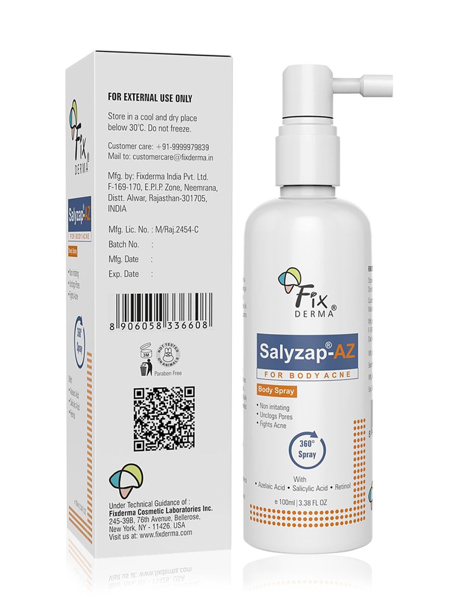Fixderma Salyzap-Az Body Acne Treatment Spray, For Acne On Body Parts Like Back, Upper Arms - 100 ml