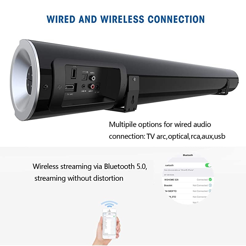 Sound Bar S88 20-Inch 50W Audio Stereo Home Theater Soundbar Speaker, with Bluetooth 5.0, 3D Surround Sound, 3 EQs, Optical/Aux/Coaxial/HDMI/USB, Compatible with 4K & HD & Smart TV