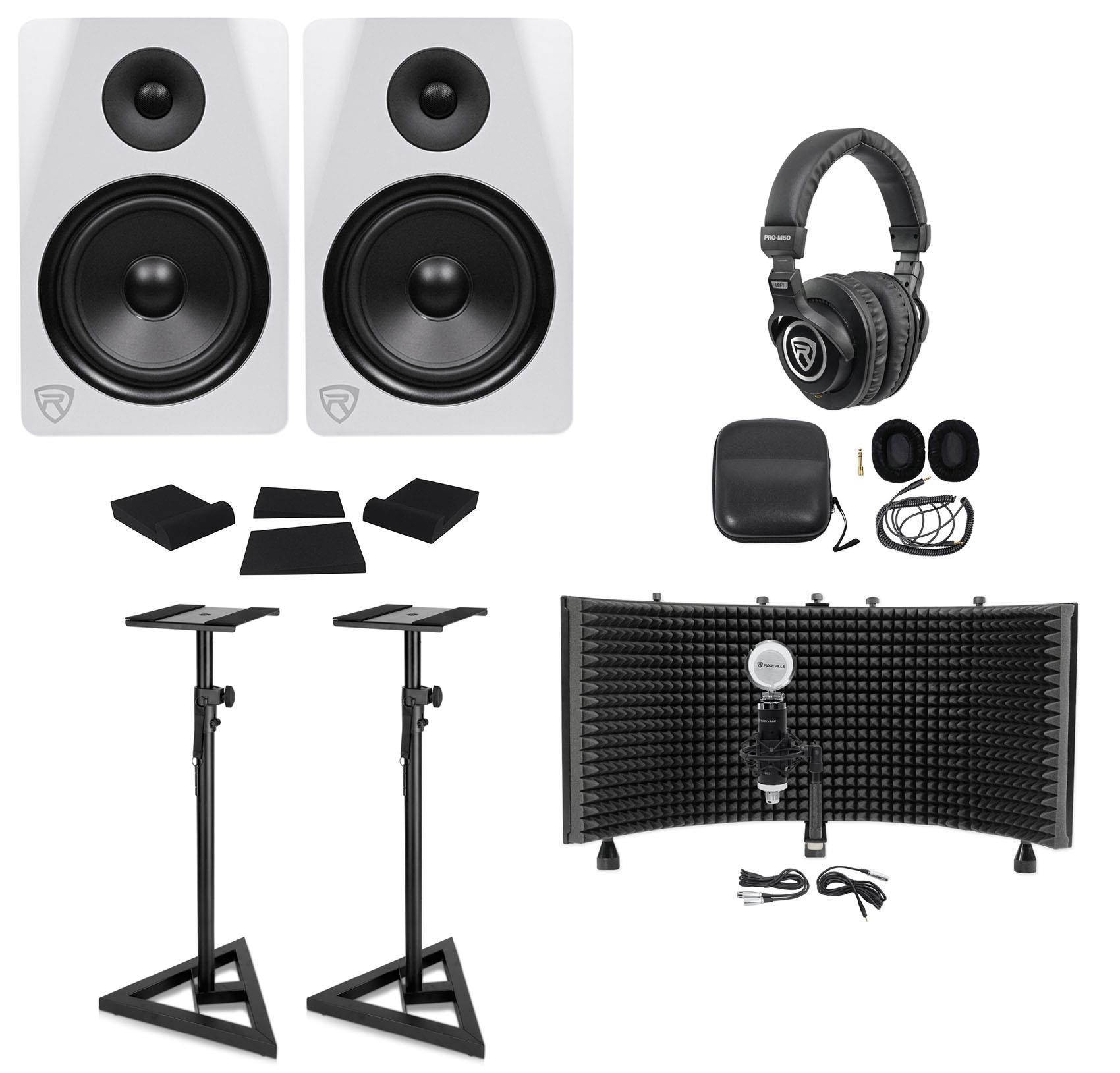 2) Rockville DPM8W 8" 600w Active Studio Monitors+Stands+Headphones+Mic+Shield