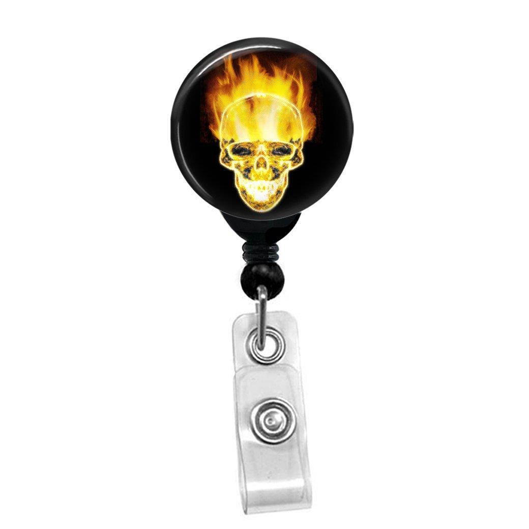 Burning Skull Flaming Head of Skeleton - Retractable Badge Reel - ID Name Tag Custom Badge Holder (Black Badge Reel With Spring Pinch Clip)