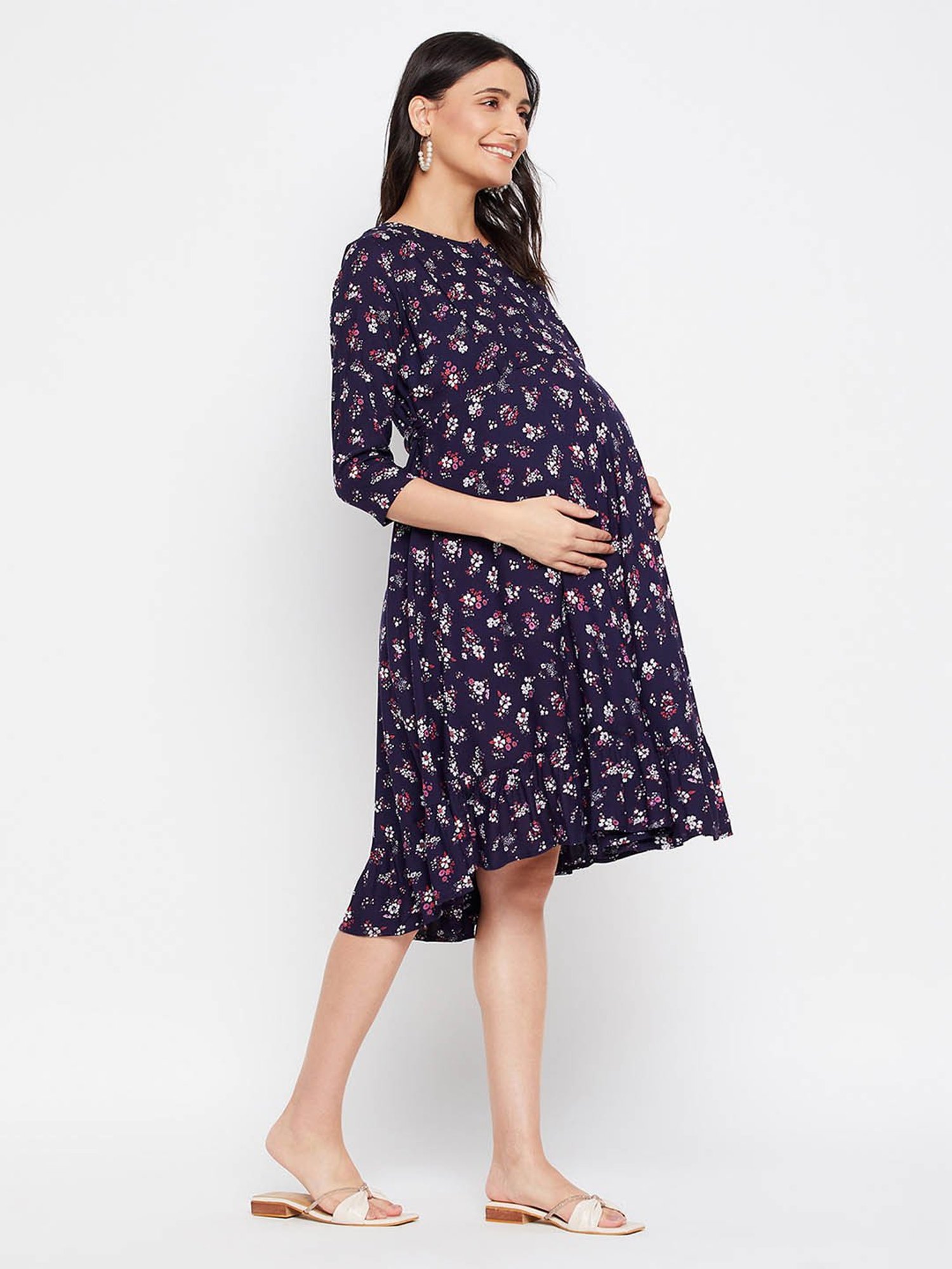 Hypernation Navy Rayon Floral Print Maternity Dress