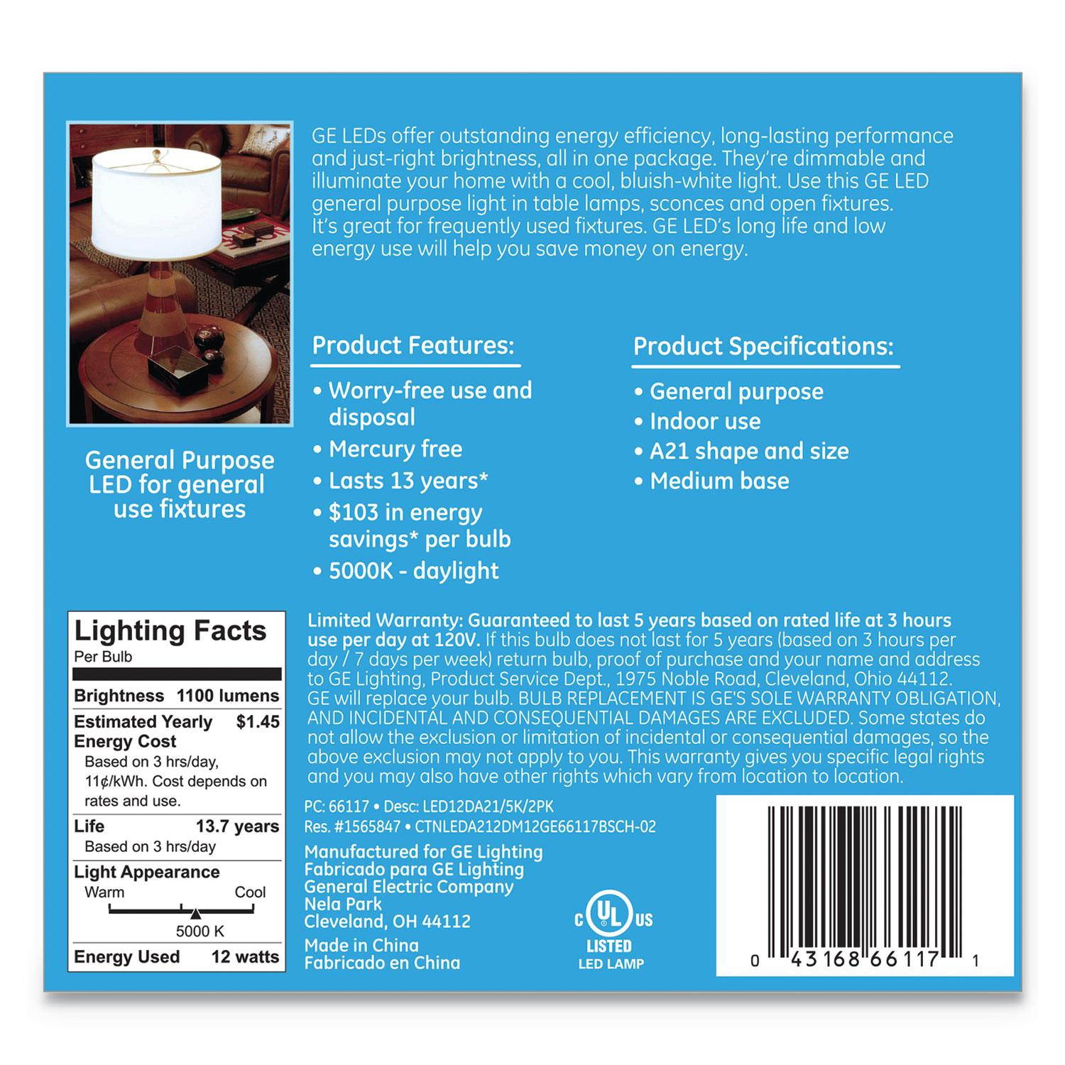 GE LED Daylight A21 Dimmable Light Bulb, 12 W, 2/Pack 66117