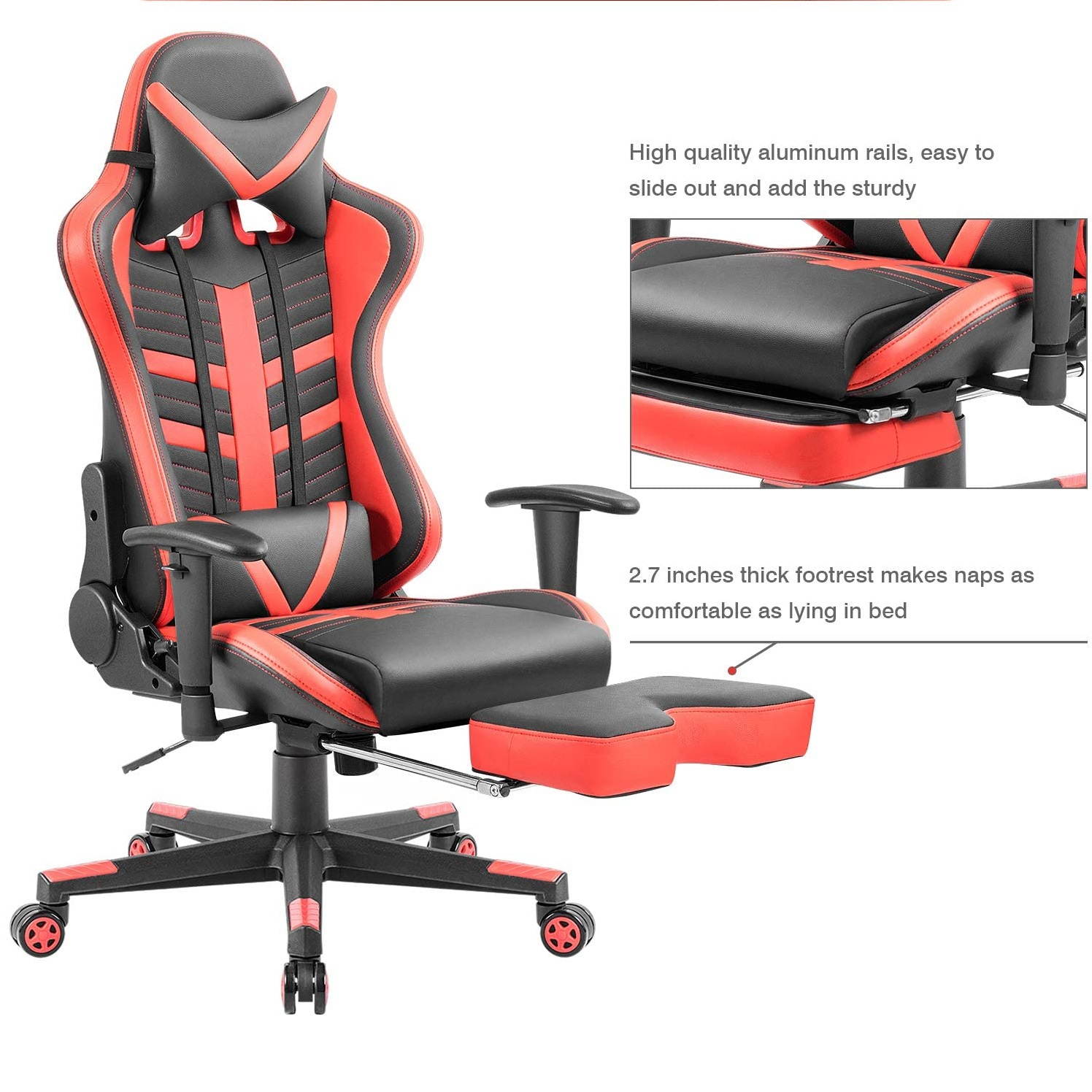 Devoko Ergonomic High-Back Racing Gaming Chair with Leather Bucket Seat, Headrest, Footrest and Lumbar Support (Black/Red)