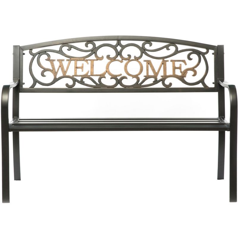 Gardenised Steel Outdoor Patio Garden Park Bench with Cast Iron "Welcome" Backrest
