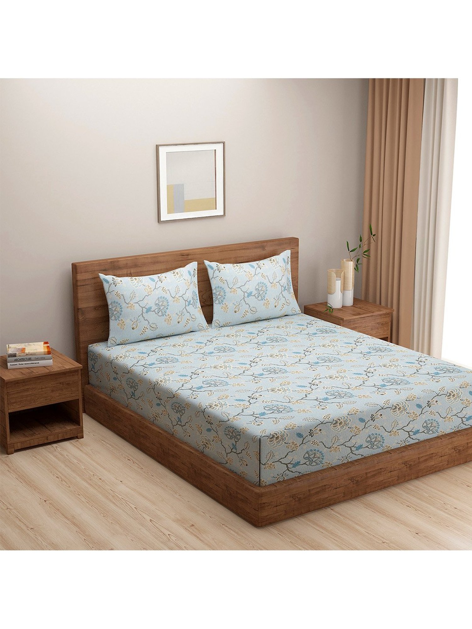 Swayam Ananda Floral Grey & Blue 200 TC Cotton King Bedsheet with 2 Pillow covers