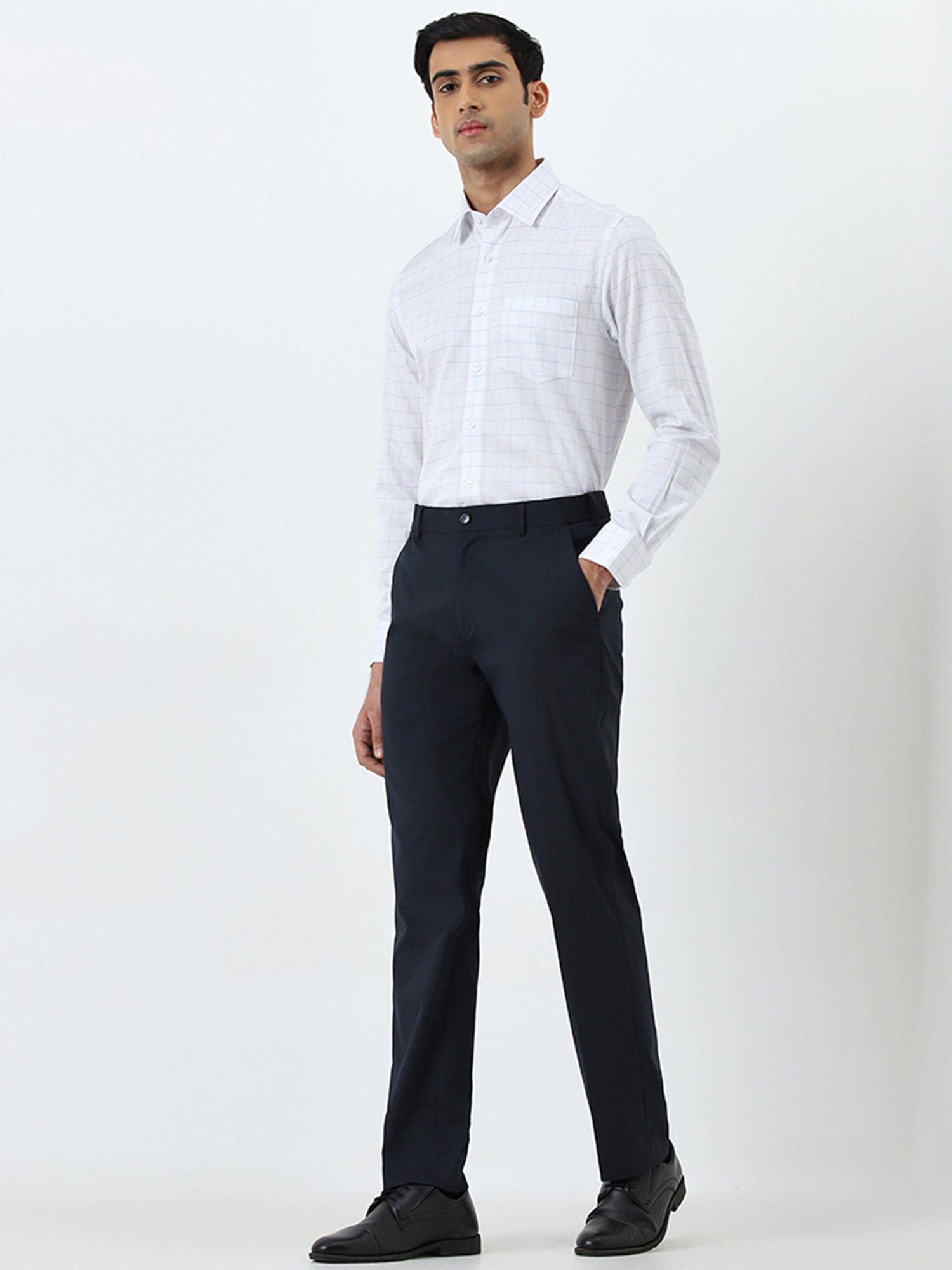 WES Formals by Westside Light Blue Checkered Slim-Fit Cotton Shirt