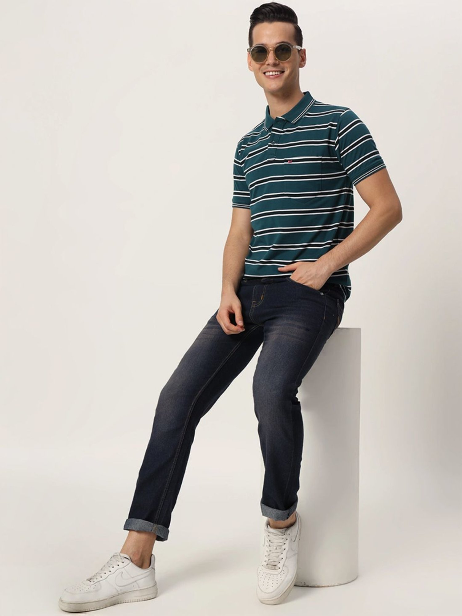 Tab91 Turquoise Regular Fit Striped Polo T-Shirts