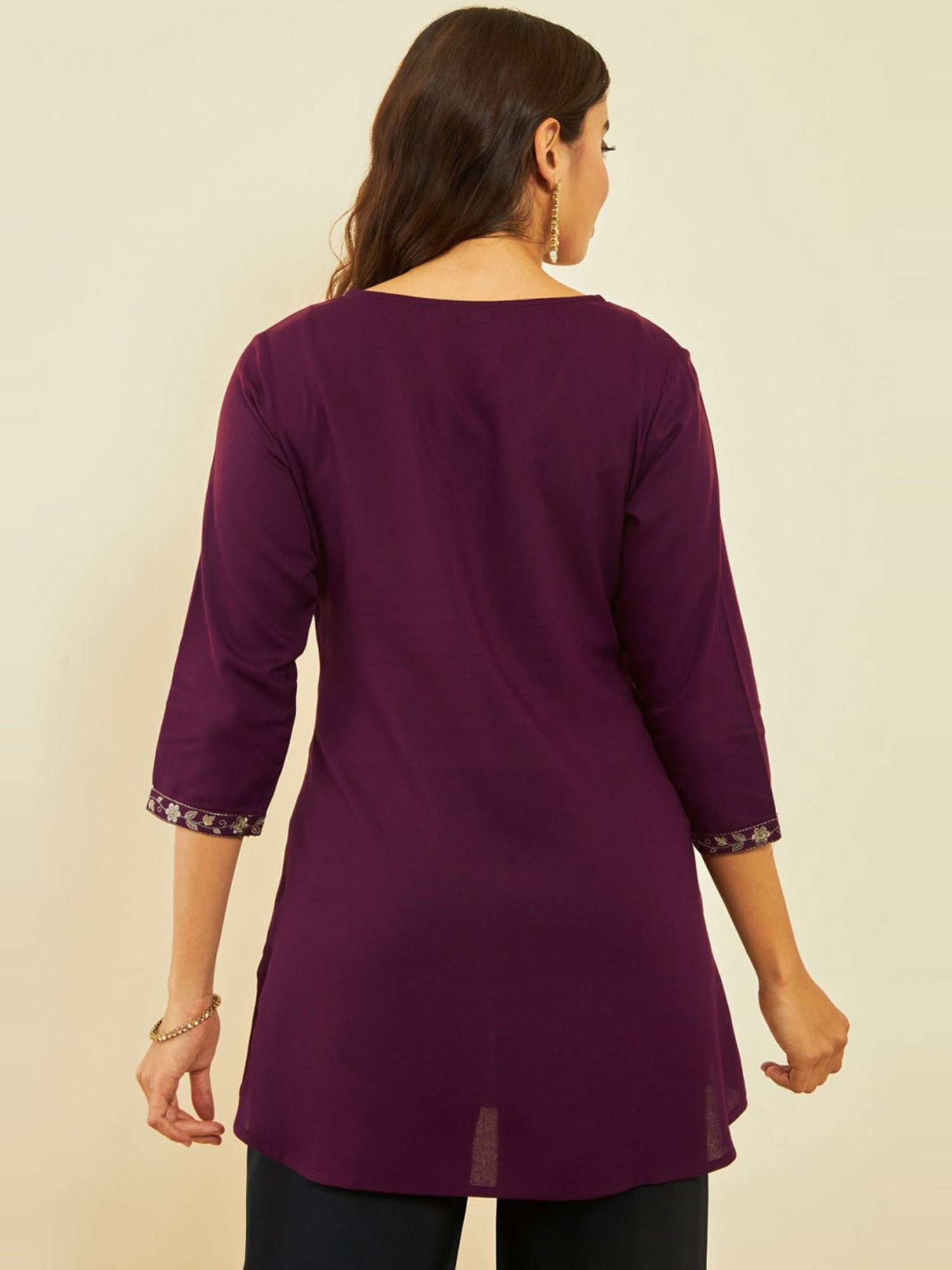Soch Wine Rayon Floral Embroidered Round-Neck Tunic with Vented Hemline