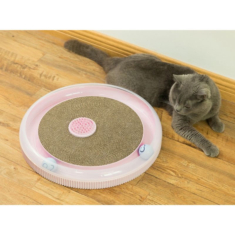 PawsMark Pink 4 in 1 Interactive Round Cat Scratcher, Lounge, Toy and Brush