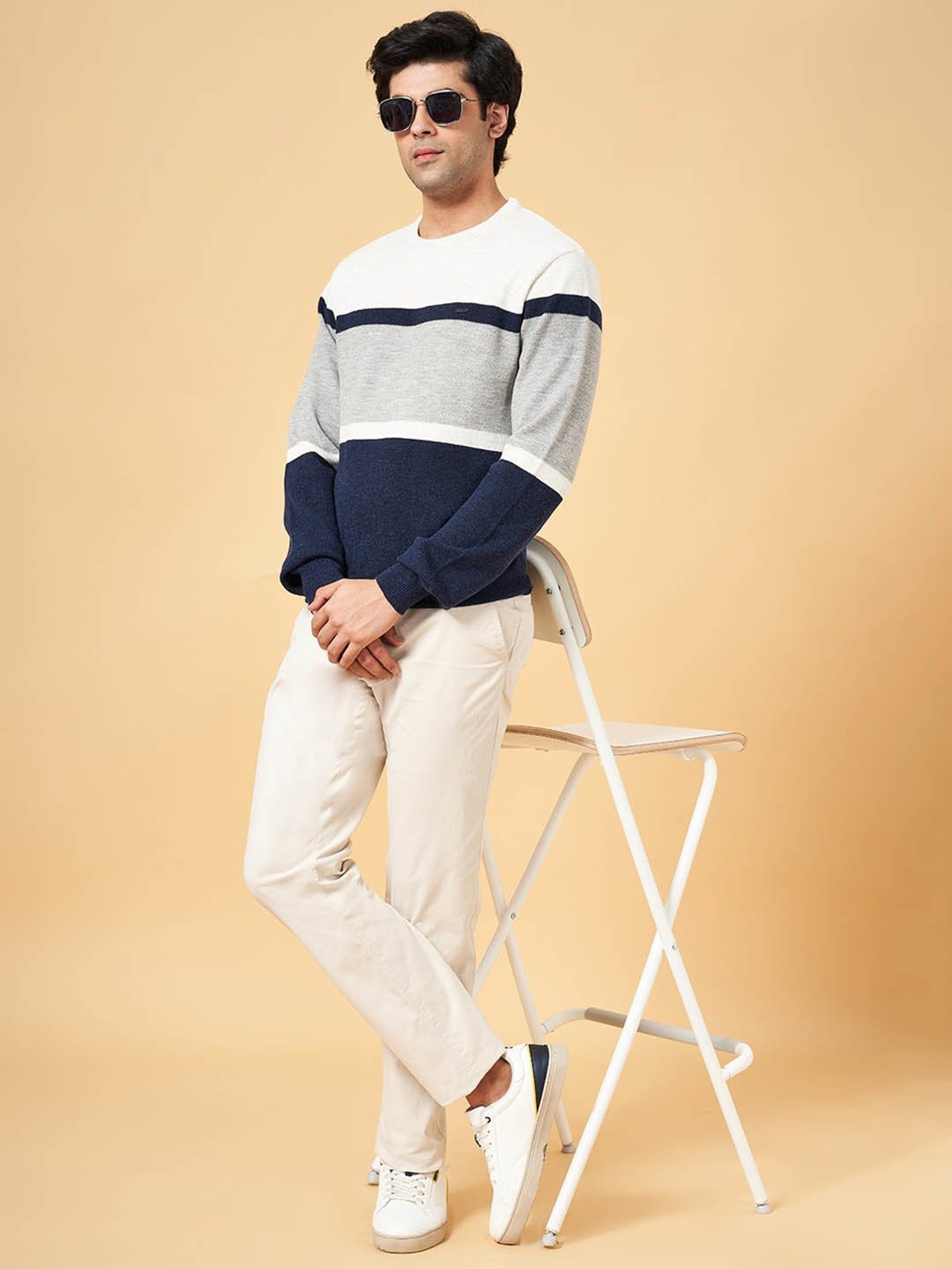 Byford by Pantaloons Blue Slim Fit Striped Sweater