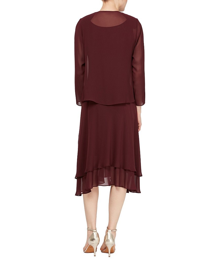 Ignite Evenings Petite Size Scoop Neck Long Sleeve Sequined Shoulder Midi Length 2-Piece Jacket Dress