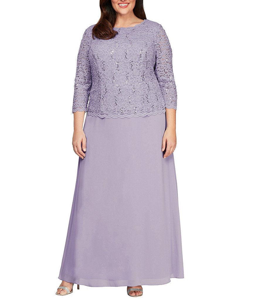 Alex Evenings Plus Size Boat Neck 3/4 Sleeve Sequin Lace Scalloped Hem Bodice Chiffon Skirted Dress