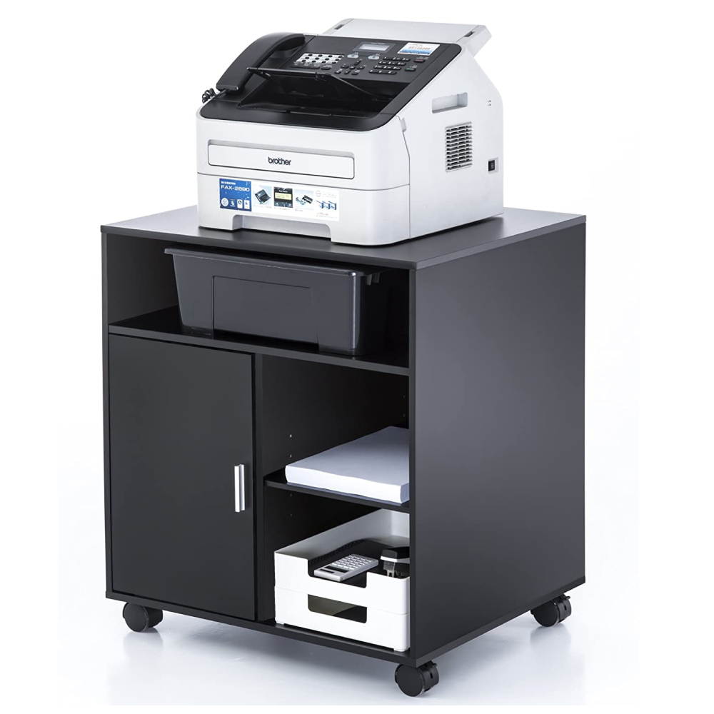 Printer Stand with Door Storage Office Cabinet, Wooden Under Desk Printer Cart Cabinet with Wheels