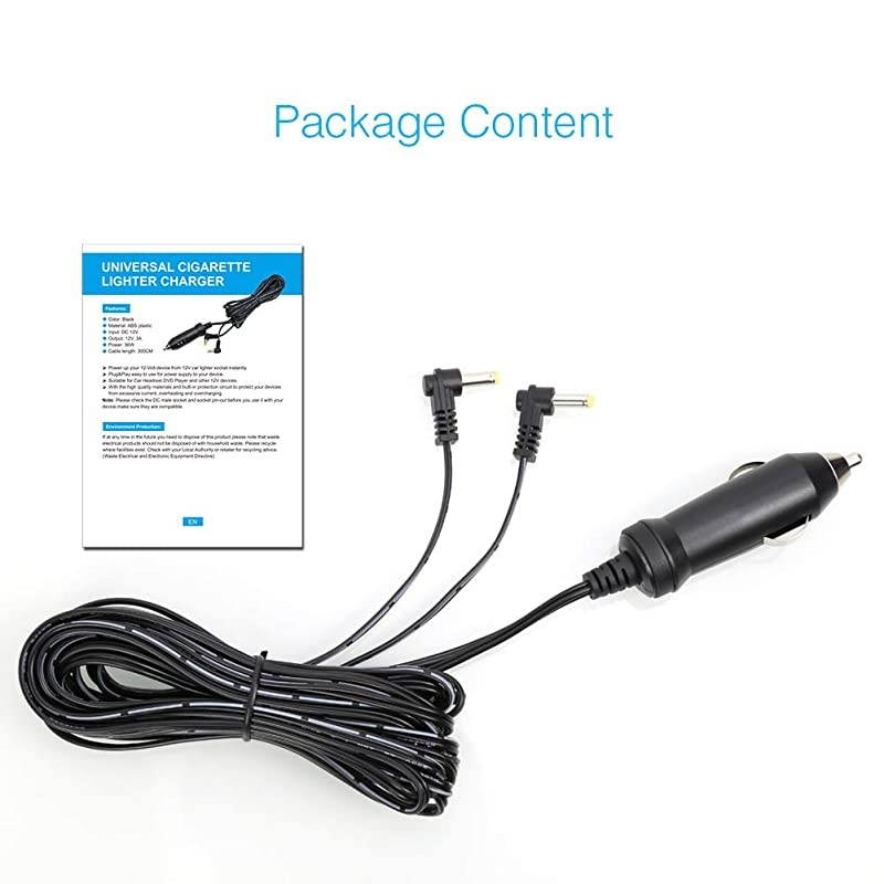 98 Ft Car Cigarette Charger Auto Adapter Power Supply for  Dual Screen Portable DVD Player