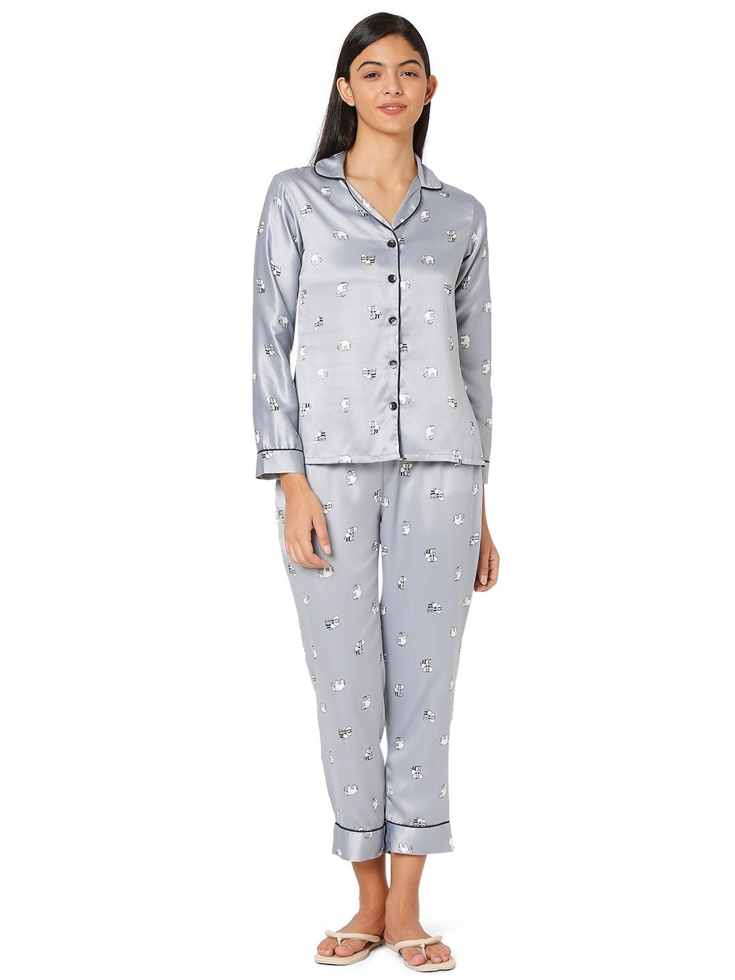 Smarty Pants Light Grey Satin Animal Print Shirt With Pyjamas