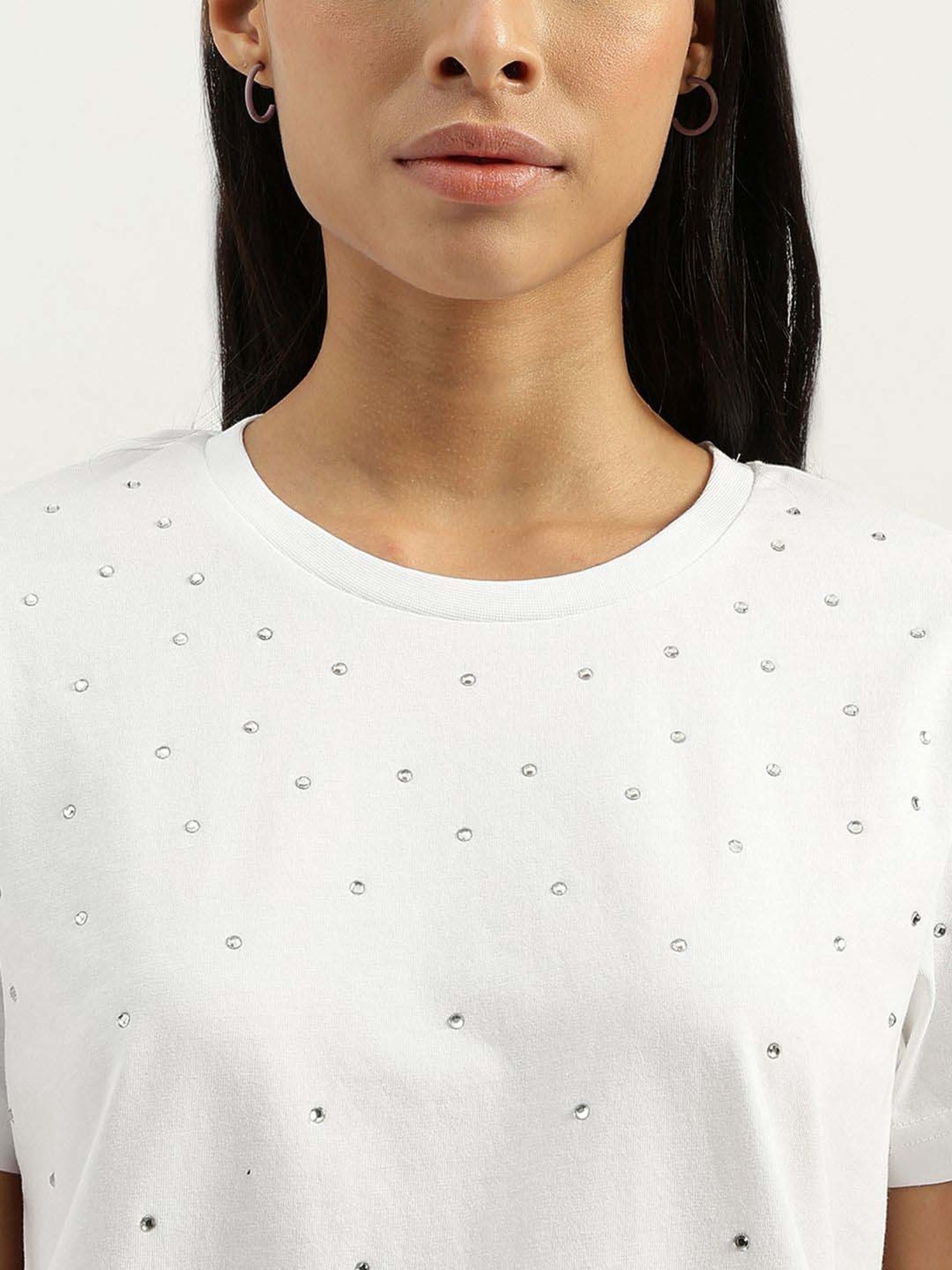 United Colors of Benetton White Cotton Embellished T-Shirt