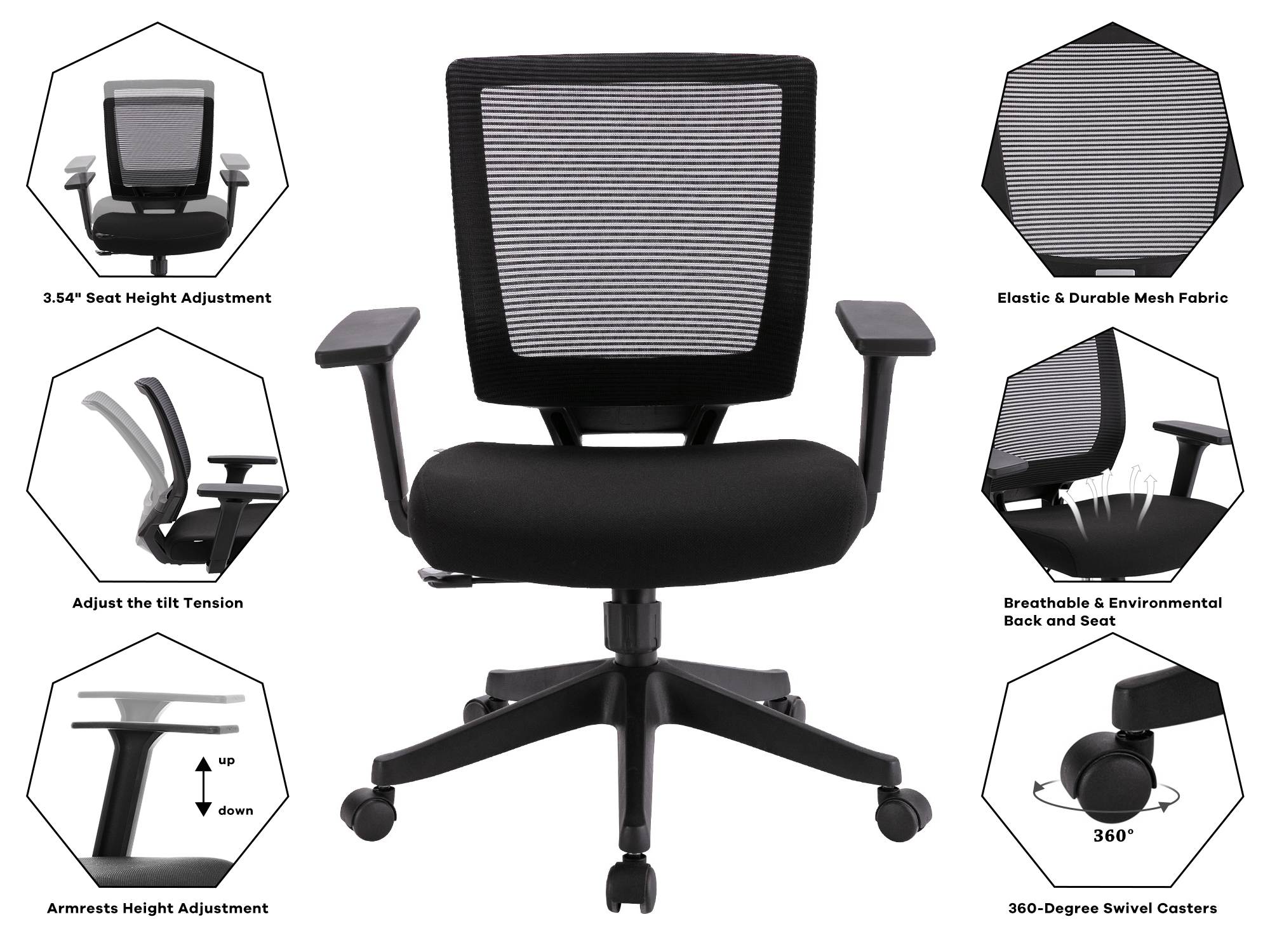 Black Breathable Mesh Back Office Chair Computer Desk Chair,-Padded Seat Height & Arms Adjustable
