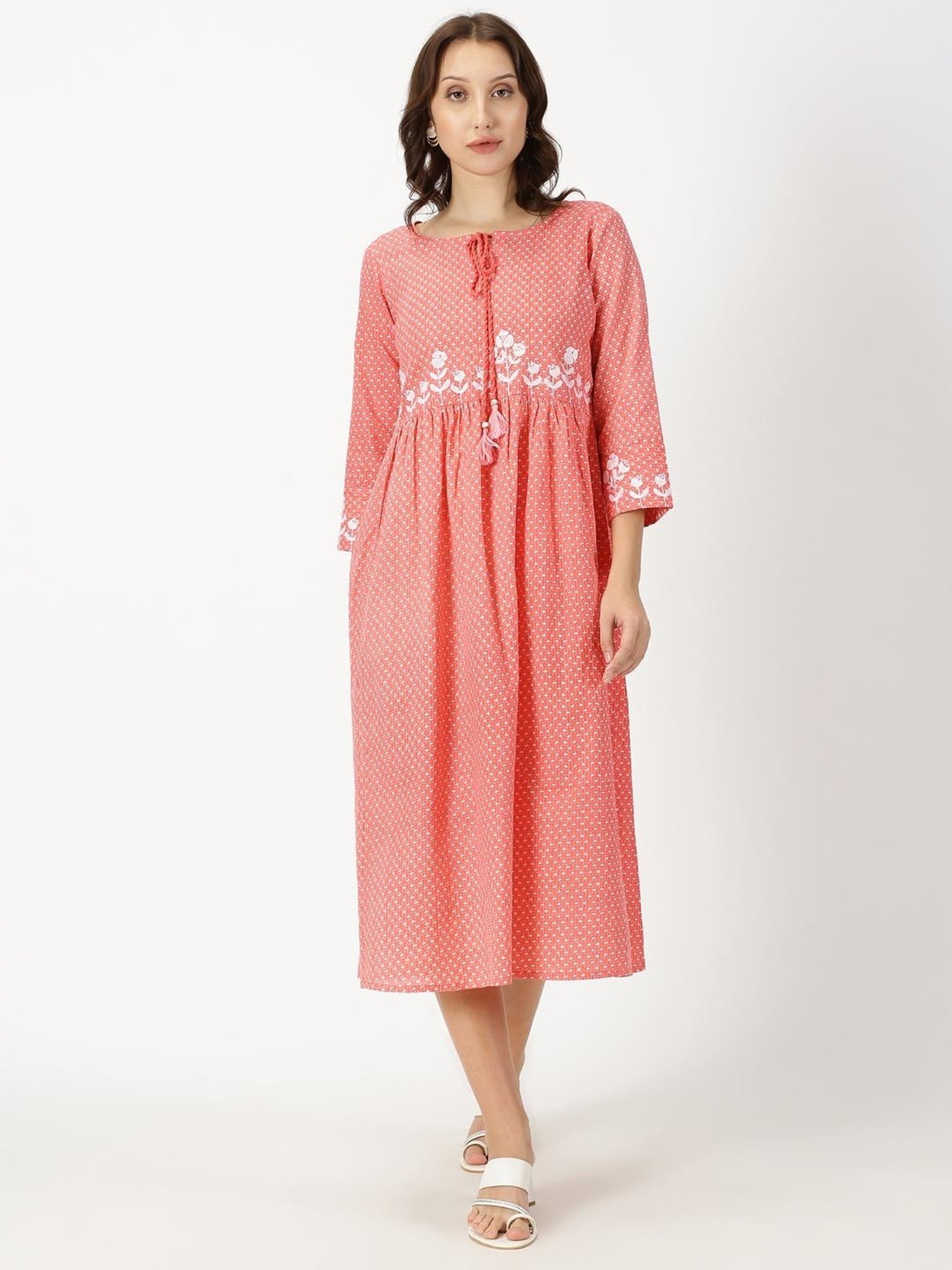 Saffron Threads Coral Cotton Floral Print Ethnic Dress