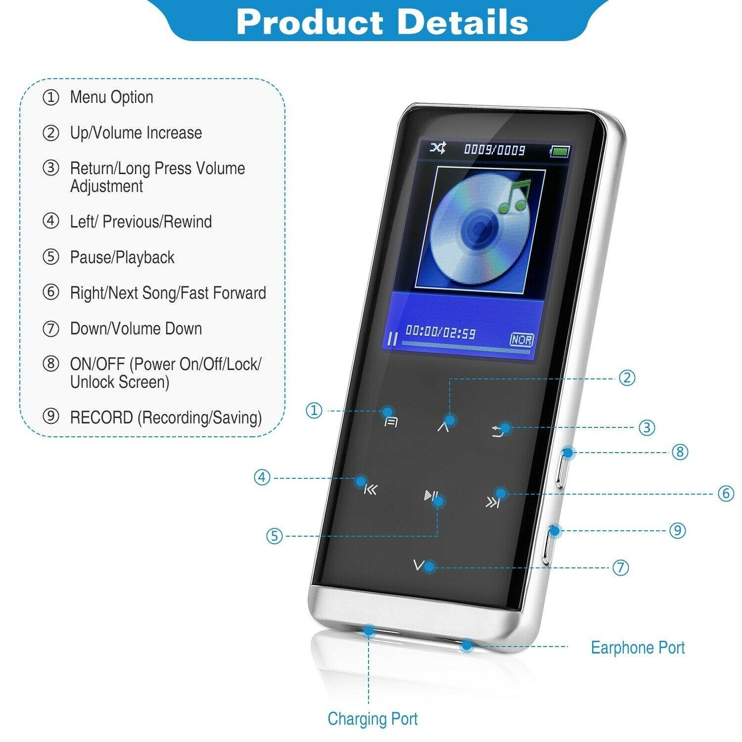 Portable Wireless MP3 Music Player with FM Hi-Fi Lossless Support up to 32GB